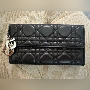Authentic Lady Dior Cannage Black Quilted Leather Wallet w Silver DIOR Charm